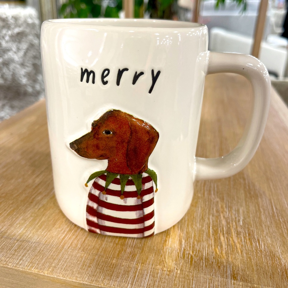 Rae Dunn Christmas Dachshund Wiener Dog Merry Elf Ceramic Coffee Mug NeW